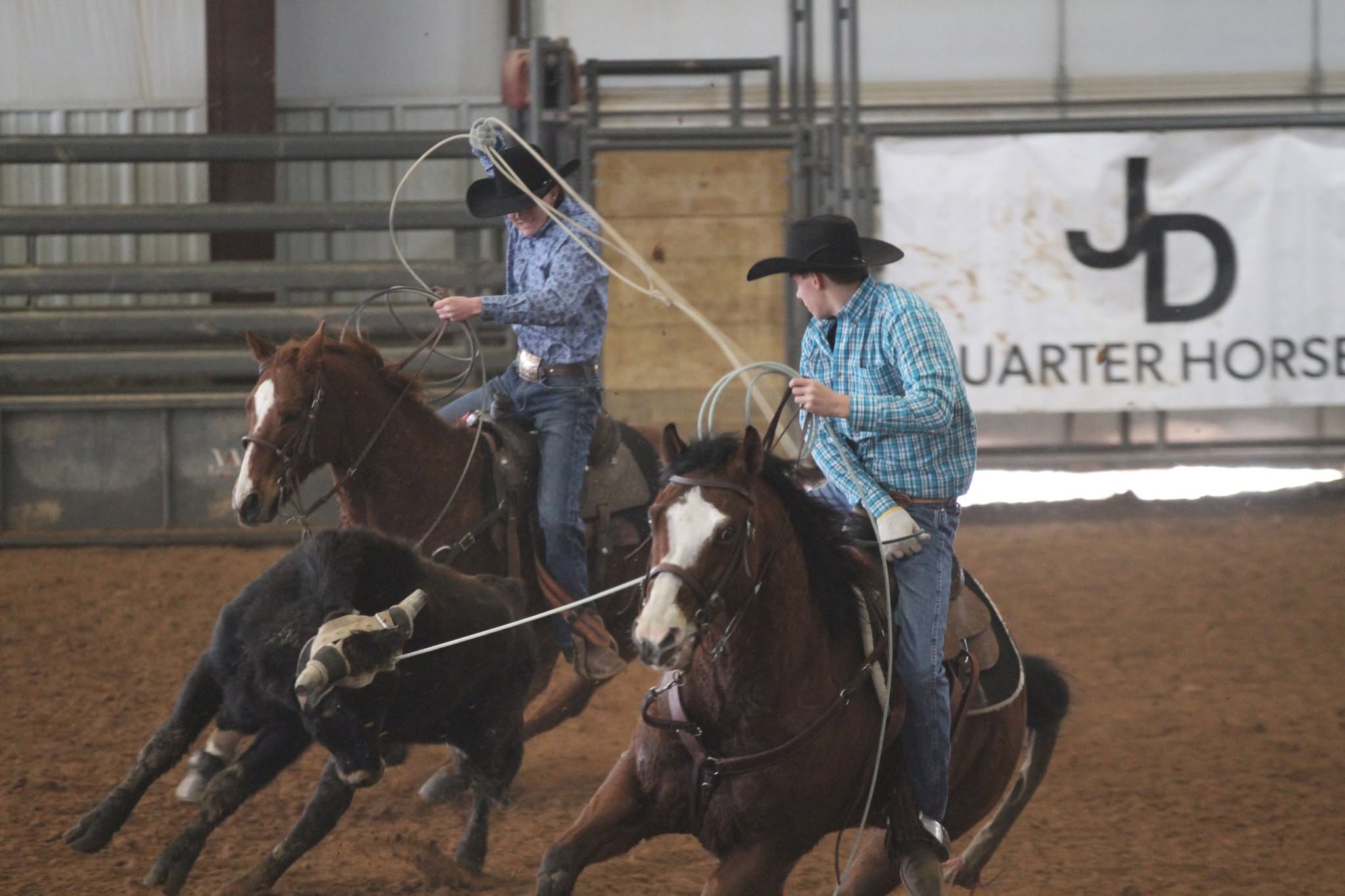 Competitors and spectators during an indoor arena event.