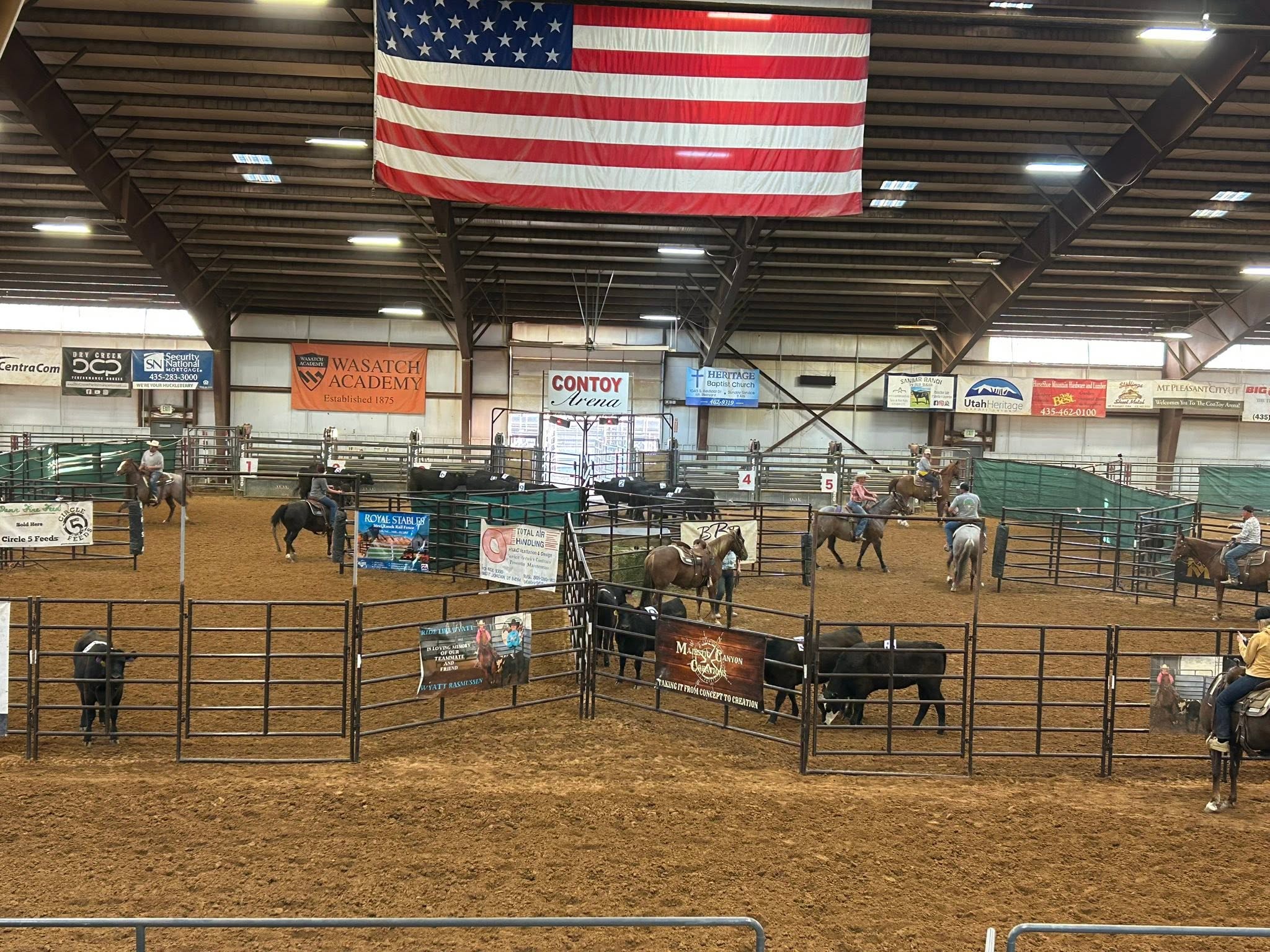 Wide view of the indoor Contoy Arena with riders working cattle and a large American flag overhead.