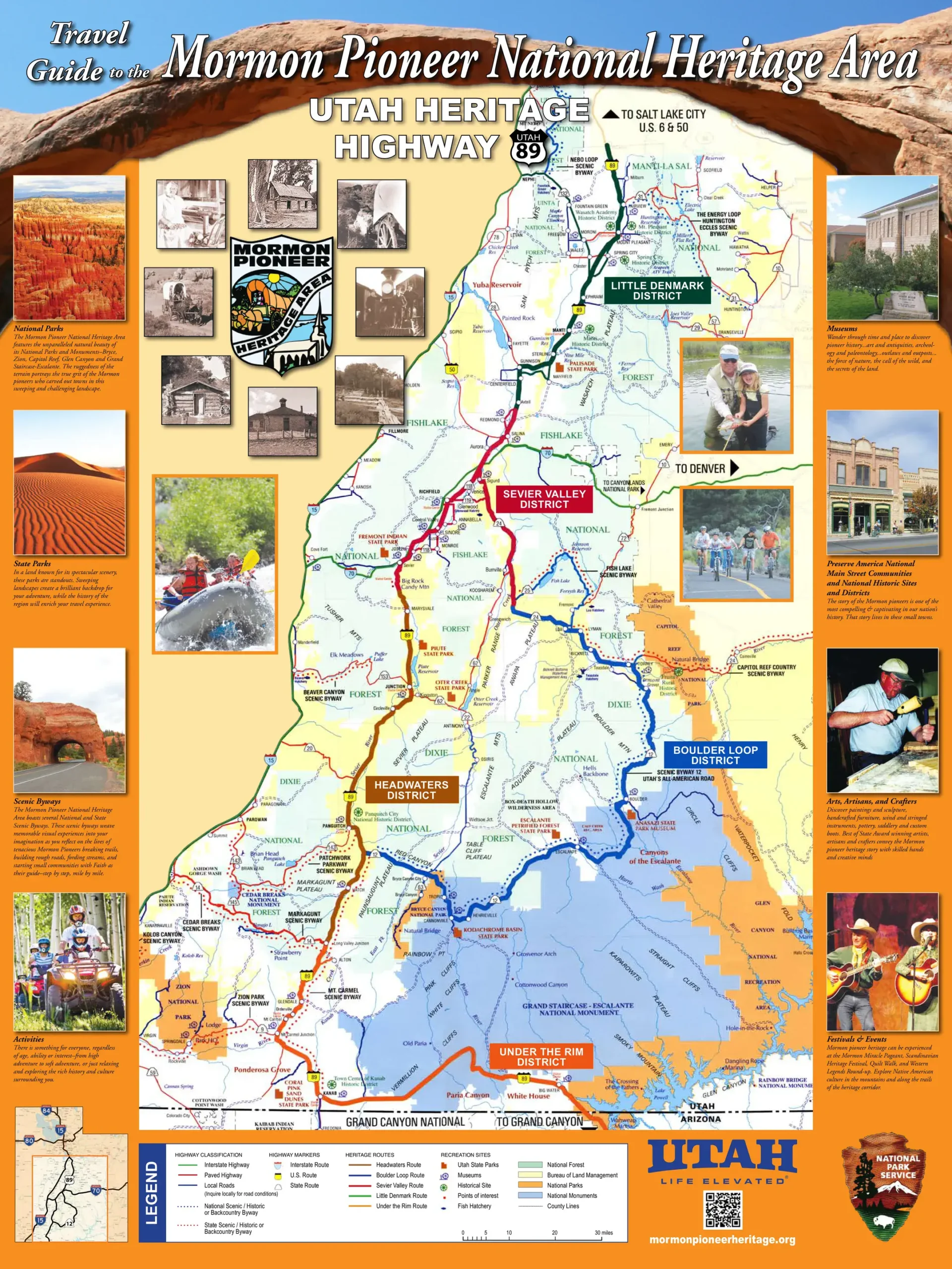 Travel planner spread: scenic destinations in the Mormon Pioneer National Heritage Area