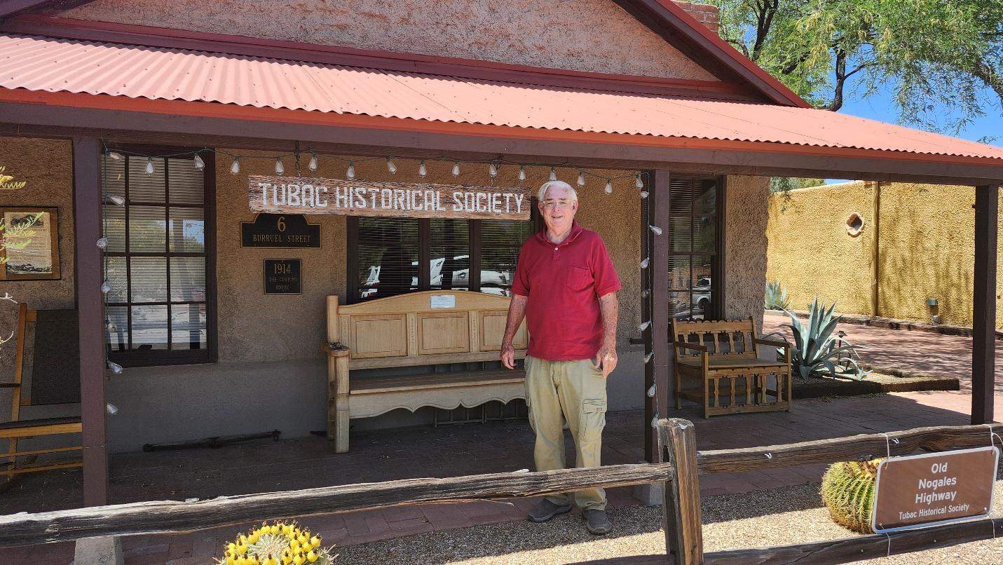 Dan Judkins on the porch of the Tubac Historical Society in Tubac, Arizona